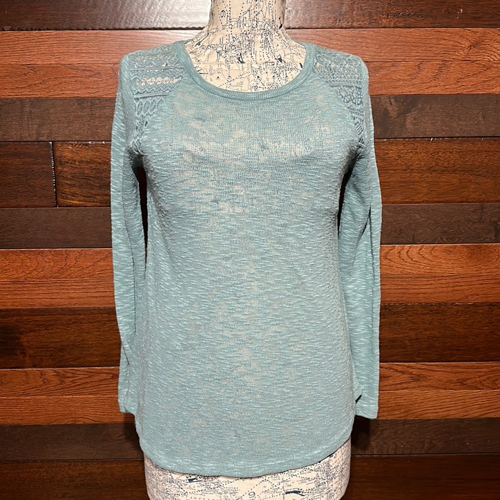 Massini Scoop Neck Long Sleeve Lacey Light Teal Blue Sweater